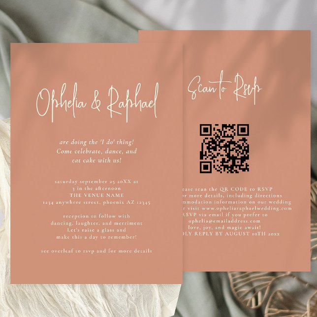 Invitación Guión ruso Código QR Boho Terracotta boda (Front and back view. Available digitally or printed.)