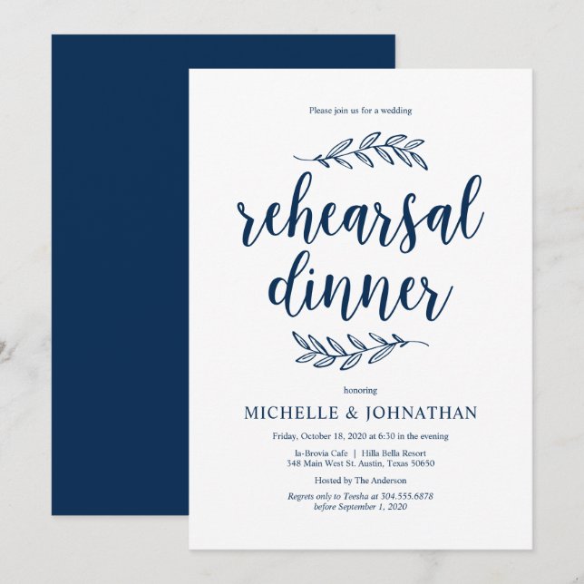 Invitación Guión rústico, azul marino, cena de ensayo Boda (Anverso / Reverso)