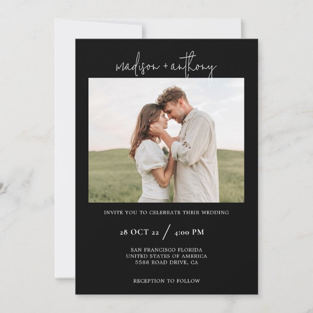 Invitación Guión sencillo de estilo negro con Boda de fotos (Anverso)