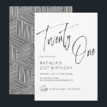 Invitación Guión sencillo estilo moderno negro y blanco 21º c<br><div class="desc">Invitaciones sencillas y elegantes para el 21º cumpleaños con el texto "Veintiuno" en un guión de brocha grande. Blanco y negro moderno.</div>