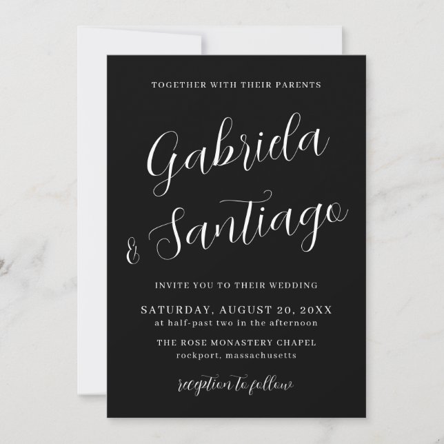 Invitación Guión simple Boda blanco y negro (Anverso)