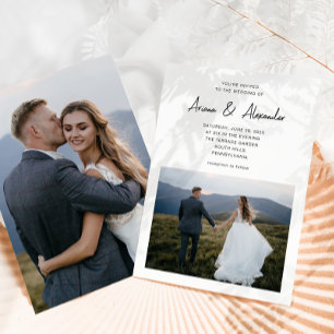 Invitación Guión simple Boda de dos fotografías en blanco y n