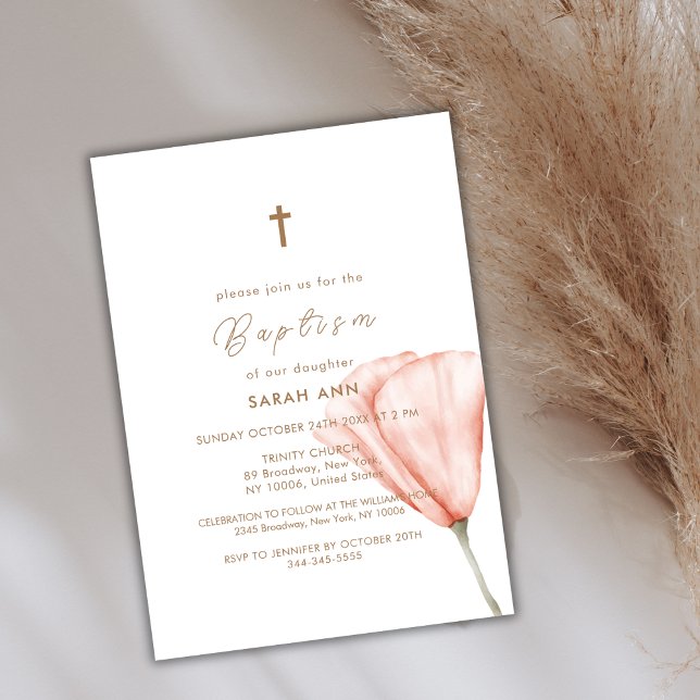 Invitación Guión simple Boho Floral Gold Cross Baptism (Simple Script Boho Floral Gold Cross Baptism Invitation)