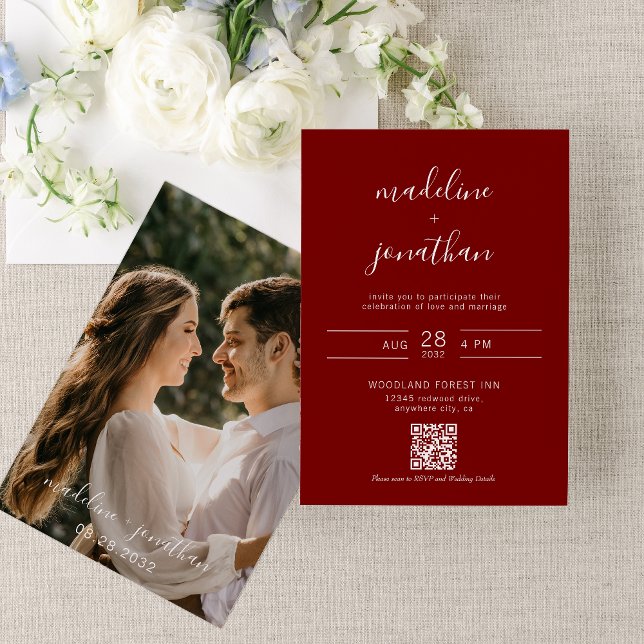 Invitación Guión simple Borgoña Foto roja Boda de código QR (Subido por el creador)