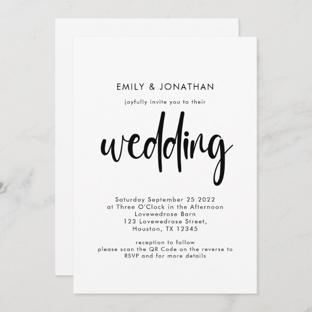Invitación Guión simple Código QR Boda blanco negro (Anverso / Reverso)