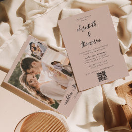 Invitación Guión simple de Boho Beige Foto Boda de código QR
