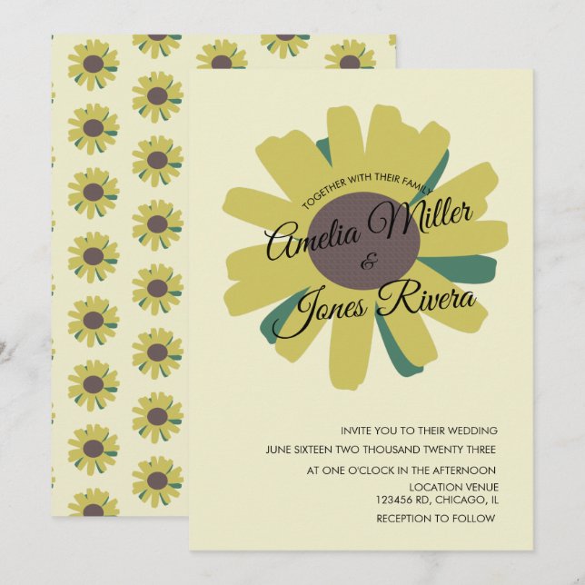 Invitación Guión Simple de Girasol Verde Amarillo en Boda (Anverso / Reverso)