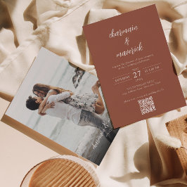 Invitación Guión simple de terracota Foto Boda de código QR