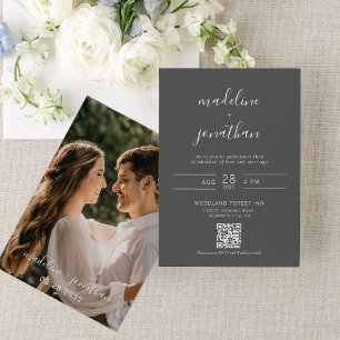 Invitación Guión simple Foto gris Código QR Código Rsvp Boda