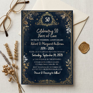 Invitación Guión Simple Rubí Azul 50 Aniversario de Boda