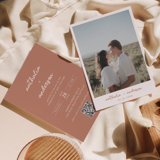 Invitación Guión simple Terracotta Foto Boda de código QR (Subido por el creador)