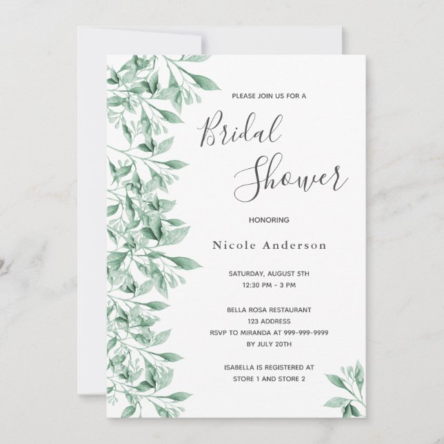 Invitación Guión verde botánico de ducha de novia elegante (Anverso)
