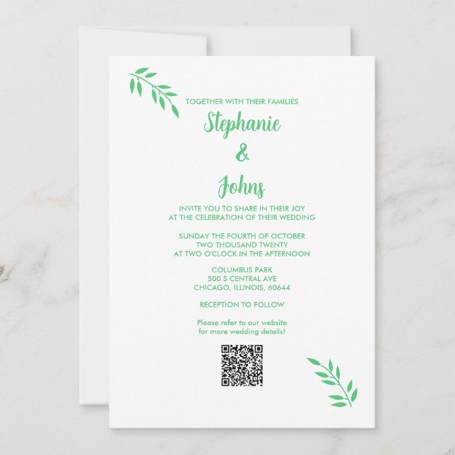 Invitación Guión verde esmeralda Guión blanco QR Boda de códi (Anverso)