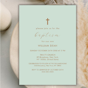 Invitación Guión verde moderno Boho Gold Cross Baptism