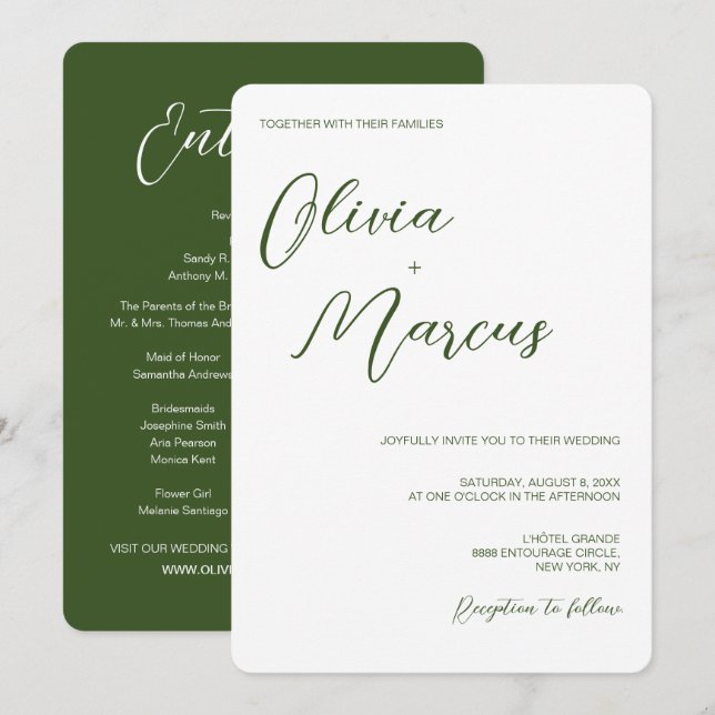 Invitación Guión verde moderno de Moda guión Boda Entourage (Anverso / Reverso)