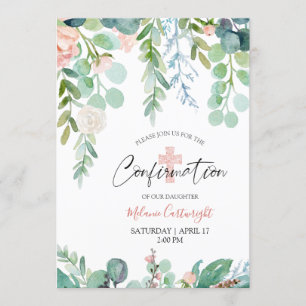 Invitación Guión verde rosa floral acuarela de confirmación