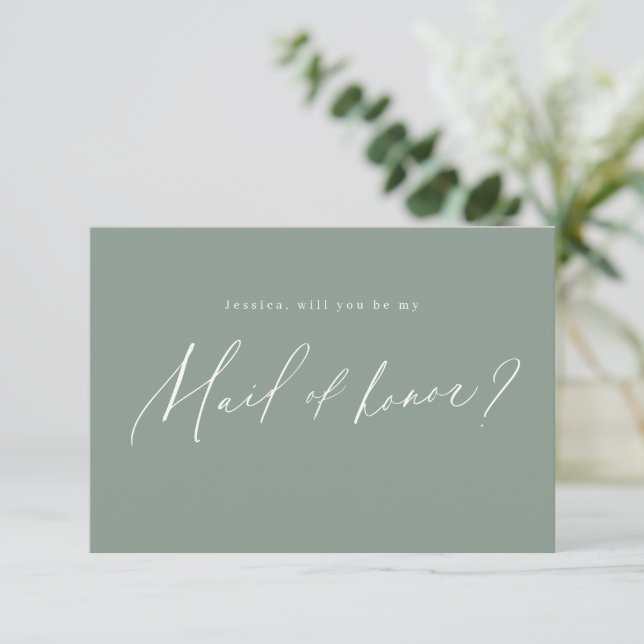 Invitación Guión verde sabio serás mi criada de honor (Anverso de pie)