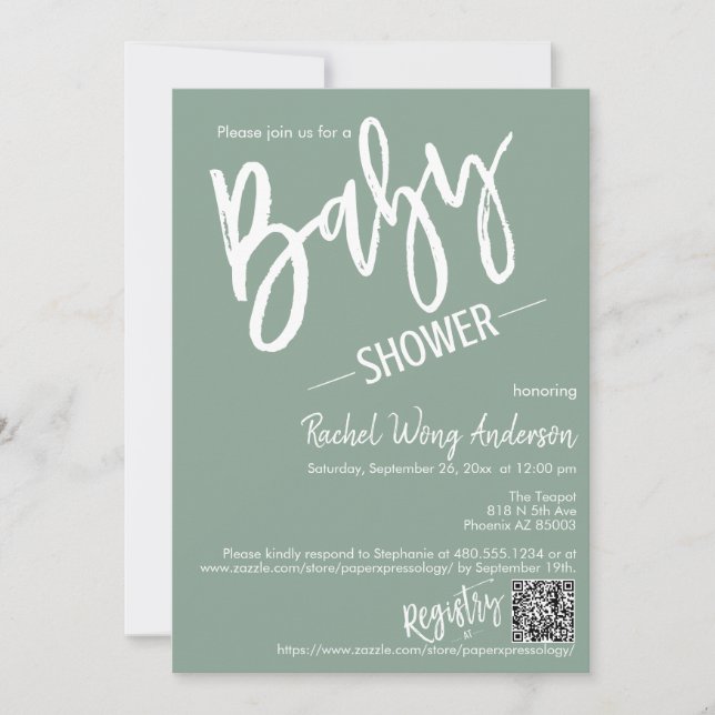 Invitación Guión verde sage moderno Baby Shower QR Code Photo (Anverso)