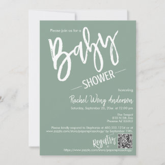 Invitación Guión verde sage moderno Baby Shower QR Code Photo