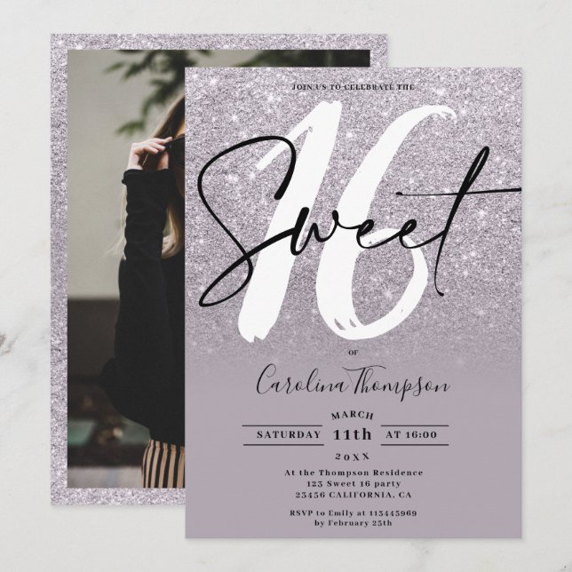 Invitación Guión violeta de purpurina violeta moderno foto Sw (Anverso / Reverso)