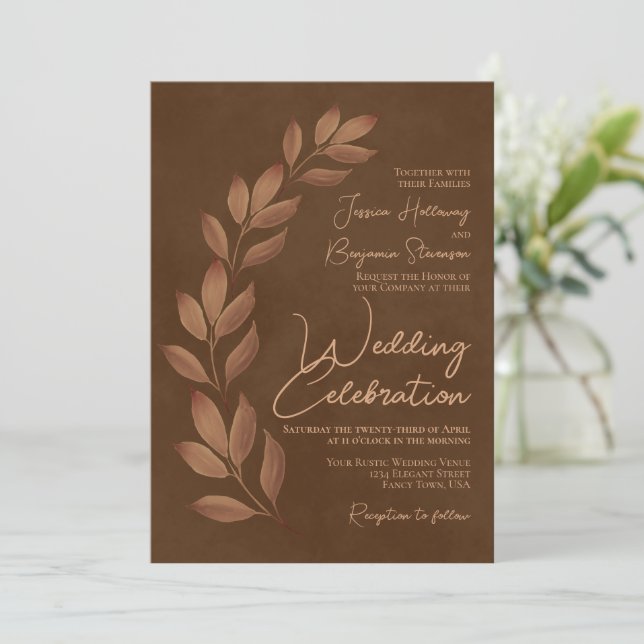 Invitación Guión y otoño modernos deja Boda castaño marrón (Anverso de pie)