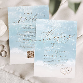 Invitación Guiones modernos de arena corazones playa boda tod