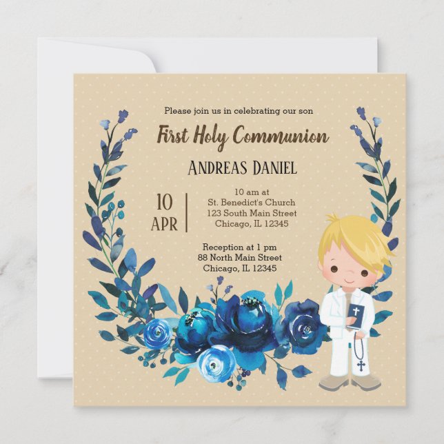 Invitación Guirnalda azul de la Santa Comunión (Anverso)