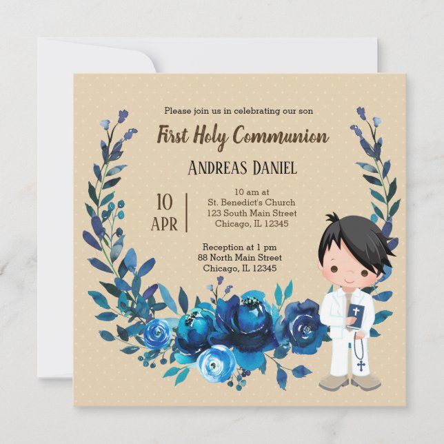 Invitación Guirnalda azul de la Santa Comunión (Anverso)