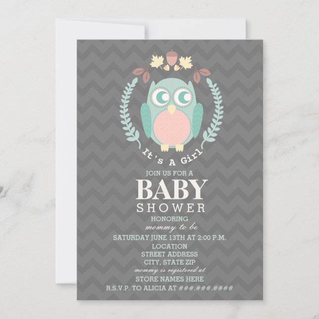 Invitación Guirnalda Baby Shower - chica del búho (Anverso)