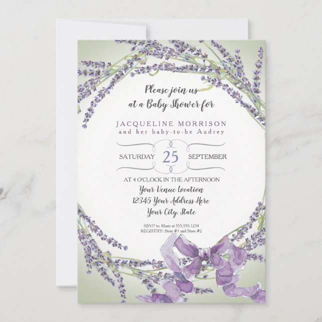 Invitación guirnalda Baby Shower de la flor de la lavanda (Anverso)