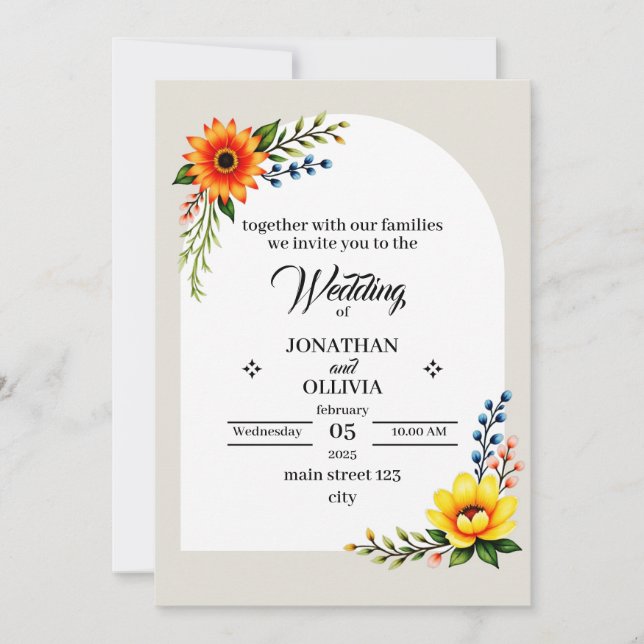 Invitación guirnalda botánica naranja amarilla (Anverso)