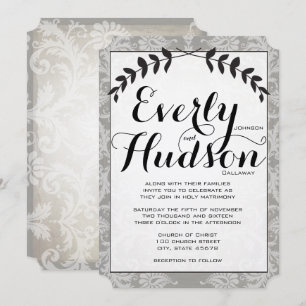 Invitación Guirnalda Caligráfica Damasco Papel Marrón Boda