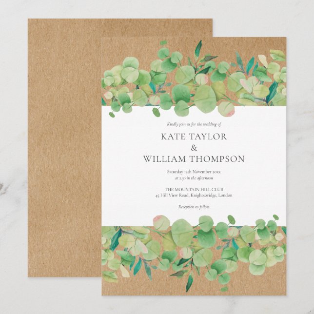 Invitación Guirnalda de boda de eucalipto rústico verde (Anverso / Reverso)
