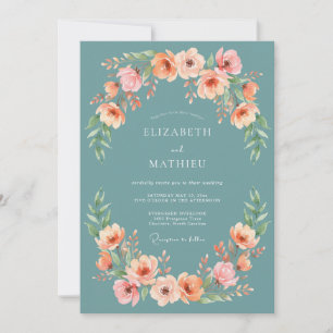Invitación Guirnalda de boda de florecimiento de rubor teal