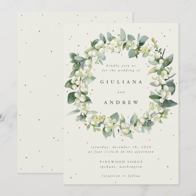 Invitación Guirnalda de boda de invierno de Snowberry + Eucal (Anverso / Reverso)