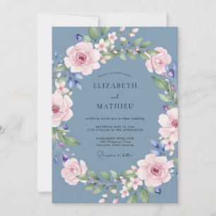Invitación Guirnalda de boda floral azul pizarra
