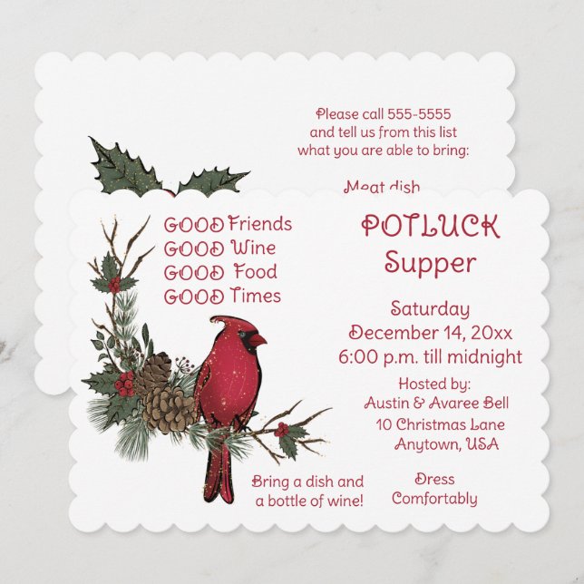 Invitación Guirnalda de Cardenal Rojo Cena de Compartir Navid (Anverso / Reverso)
