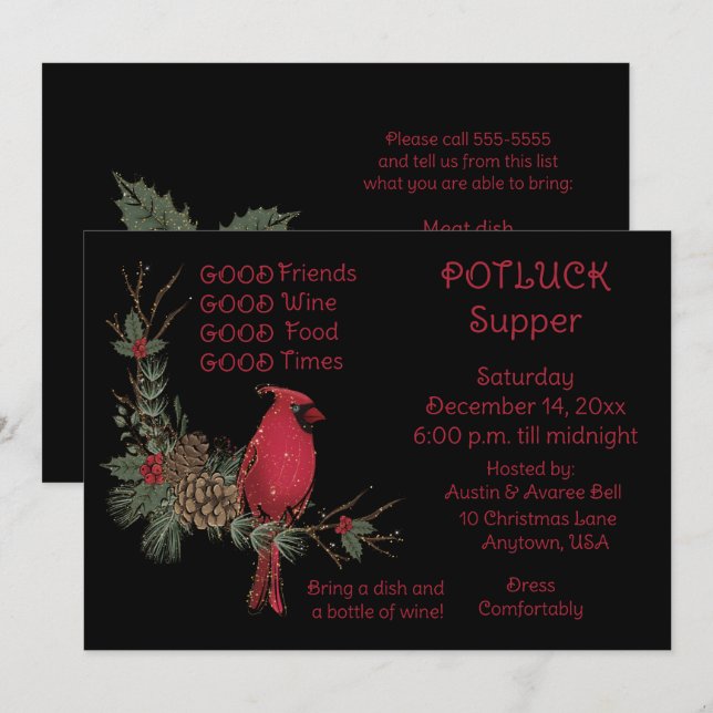 Invitación Guirnalda de Cardenal Rojo Cena de Navidad Pot Luc (Anverso / Reverso)