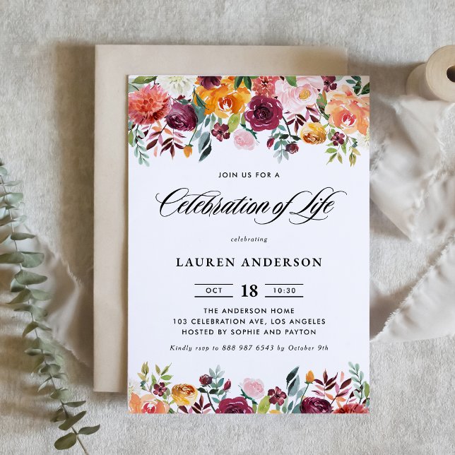 Invitación Guirnalda de flores de otoño Celebración de la vid ( Autumn Watercolor Floral Garland Celebration of Life Invitation with Greenery Accents)
