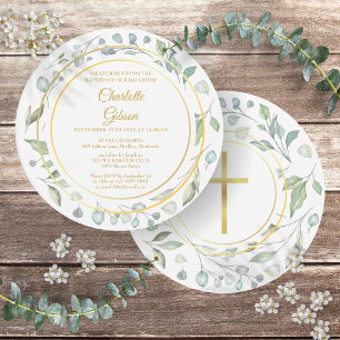 Invitación Guirnalda de Laurel de Bautizo Cruz Dorada Circula