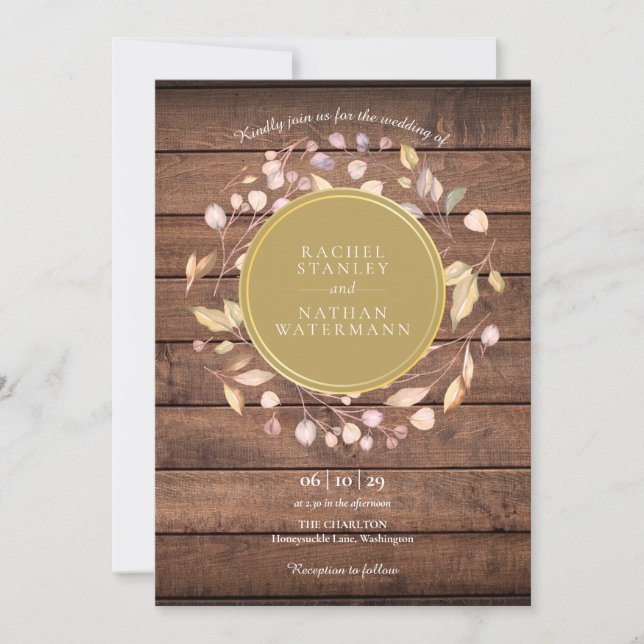 Invitación Guirnalda de Laurel de Madera Rústica Boda Dorada (Anverso)