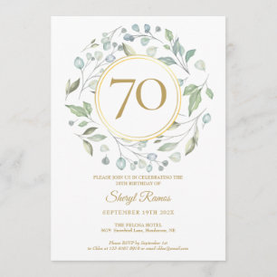 Invitación Guirnalda de Laurel Dorado Monograma 70 Cumpleaños