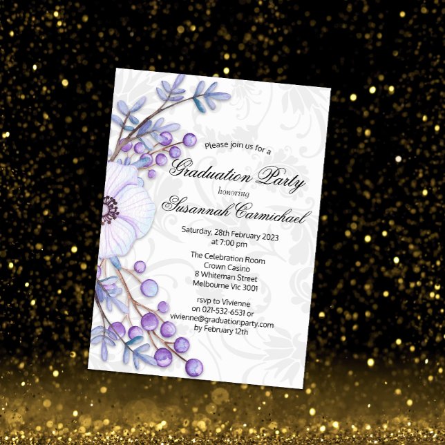 Invitación Guirnalda de moras y elegante graduación de Damasc (Subido por el creador)
