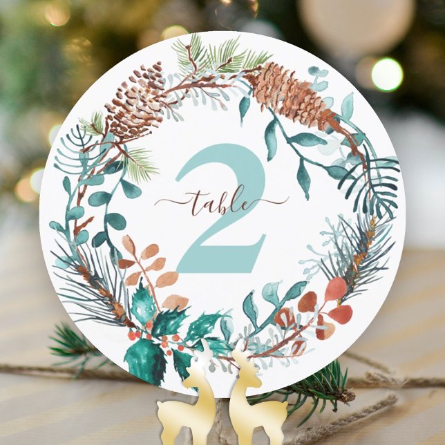 Invitación Guirnalda de piña de eucalipto de pino verde Númer (winter wedding rustic pine needles eucalyptus table numbers table top sign pinecones green brown)