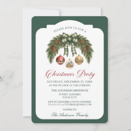 Invitación Guirnalda de Plaid Verde Rústico con Lazo Navidad