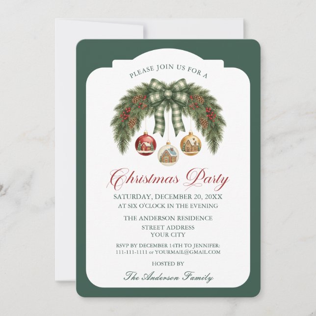 Invitación Guirnalda de Plaid Verde Rústico con Lazo Navidad  (Anverso)