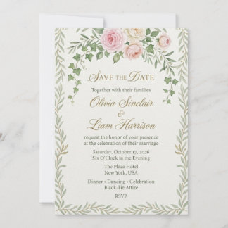 Invitación Guirnalda de Rosa y Hiedra Sonrosada Elegante Salv