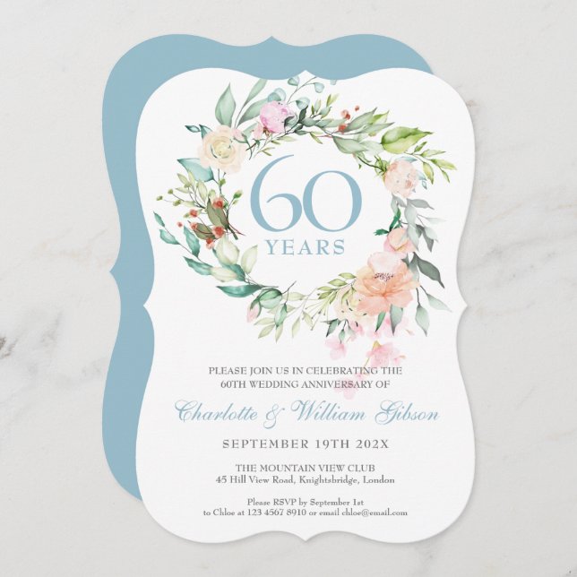 Invitación Guirnalda de rosas de verano para aniversario 60 / (Anverso / Reverso)