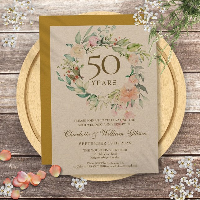Invitación Guirnalda de Rosas Rústicas Aniversario Dorado 50 (Rustic Roses Garland 50th Golden Anniversary Invitation)