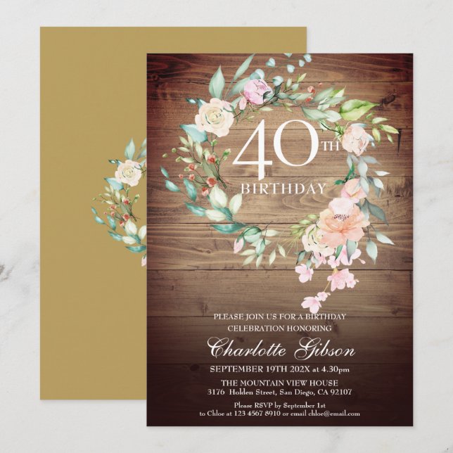 Invitación Guirnalda de Rosas Rústicas Monograma Cumpleaños 4 (Anverso / Reverso)
